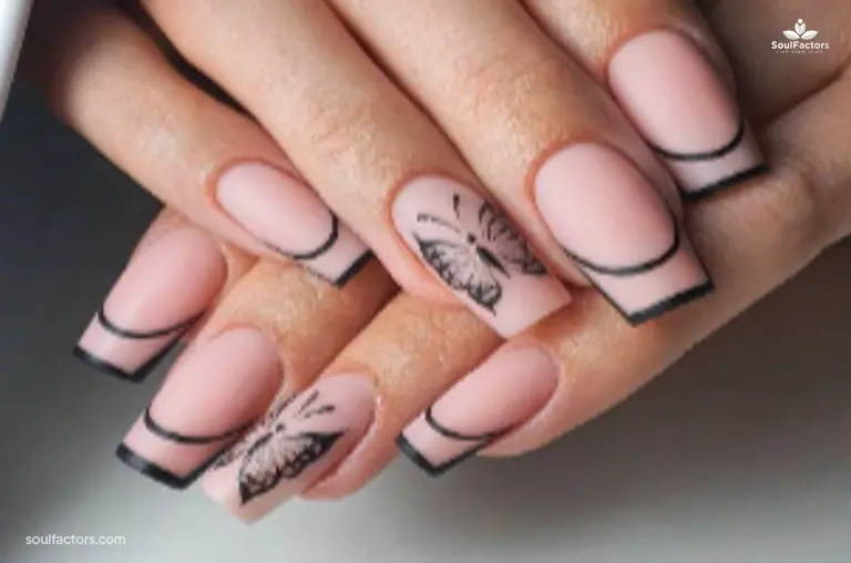 Baby Pink And Black Stencil French Manicured Butterfly Nails