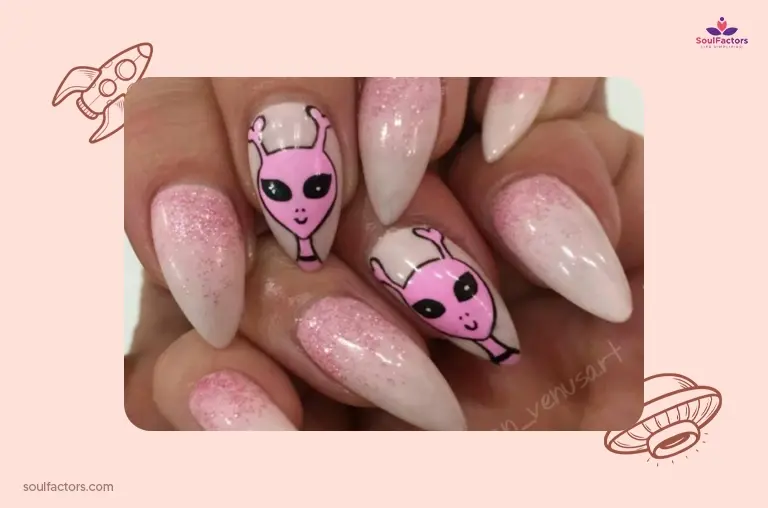 Cute Pink Alien Nails Design