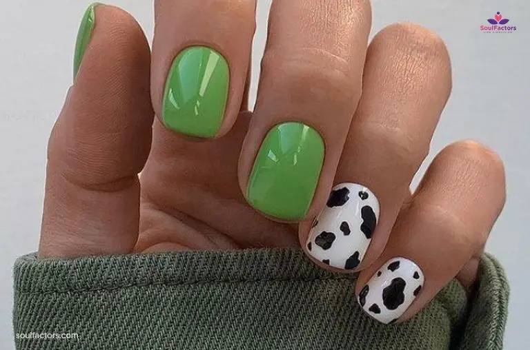 Green And Cow-print Mix Nail Designs For Short Nails 