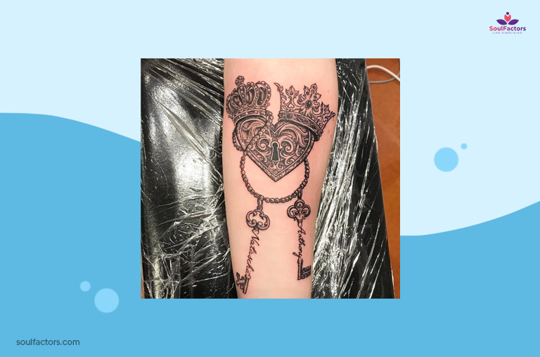 King And Queen Tattoos With Heart And Key