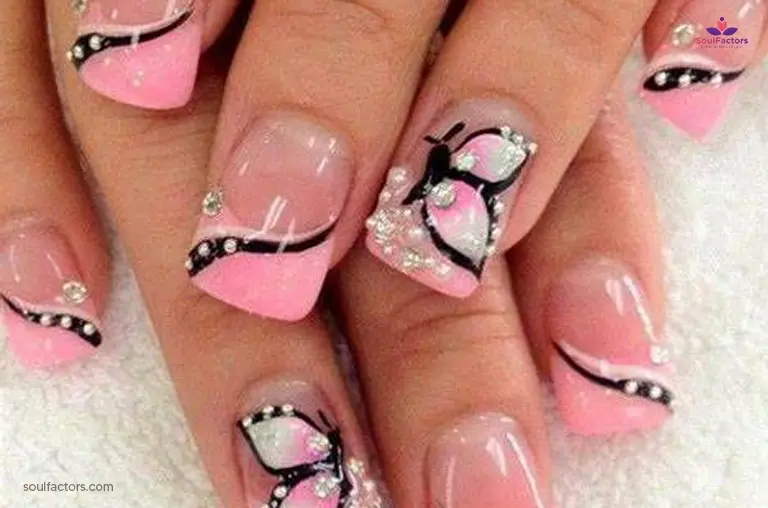 Pink French Manicure With Bling Butterfly Nails