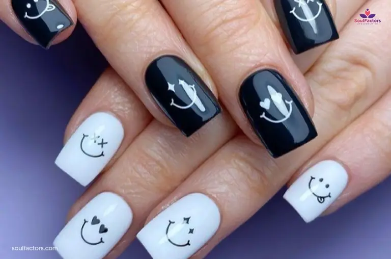 Smileys In Black And White Short Nail Designs