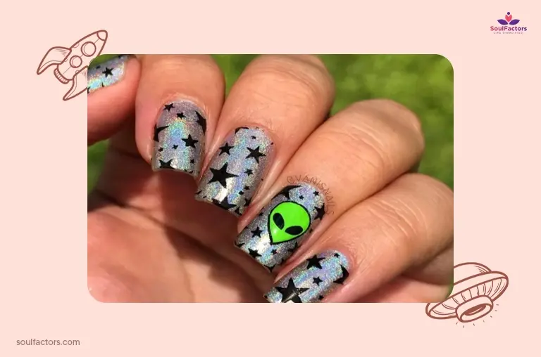 Starry Base With Alien Face Alien Nails Design 