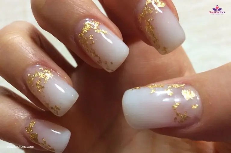 Milky French Manicure With Gold Flakes