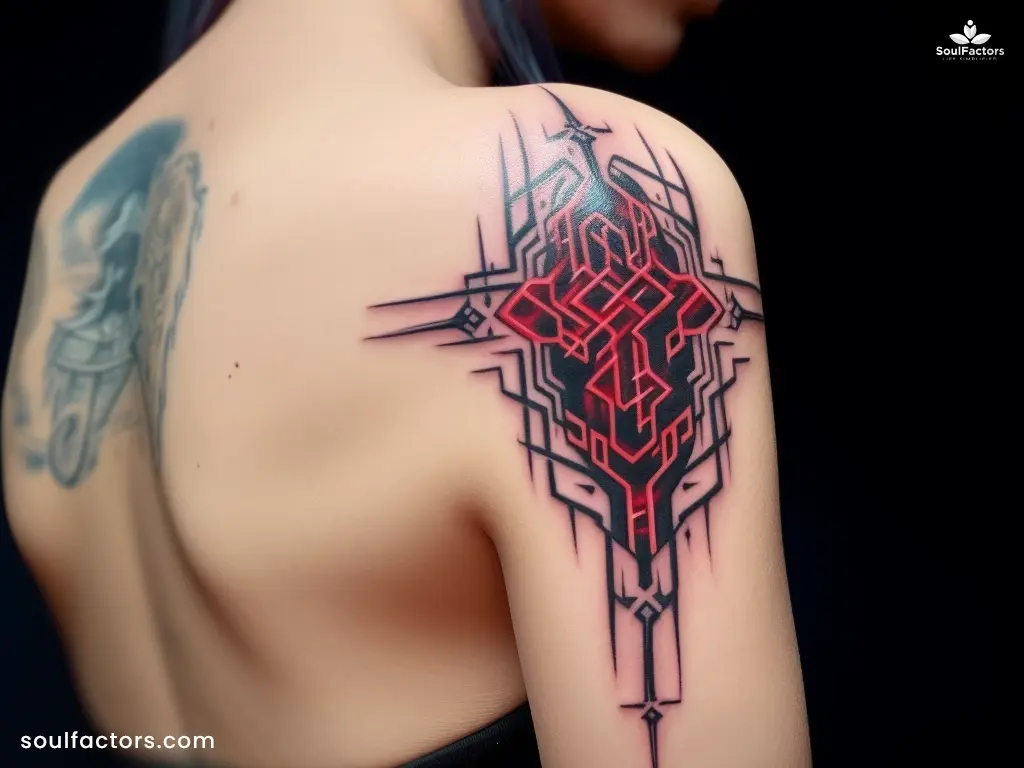 cyber sigilism tattoo on shoulder
