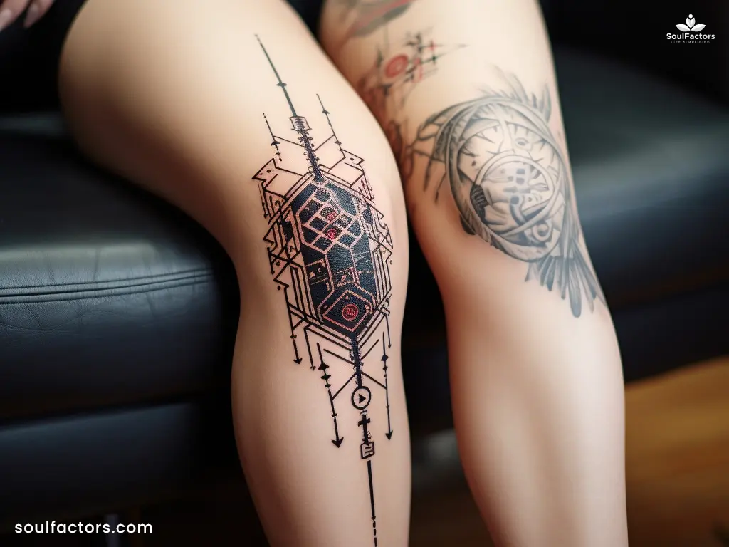 cyber sigilism tattoo on leg