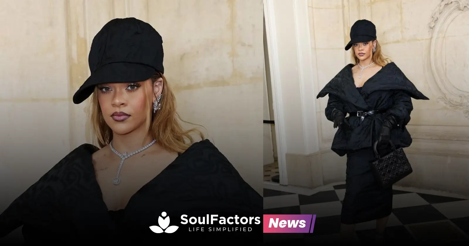 Rihanna Put a Tomboy Twist on a Black Belted Dress, Jacket, and Diamonds at Dior's Haute Couture Show